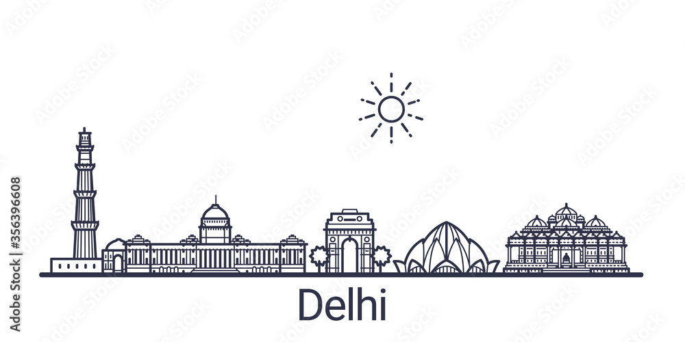 Linear banner of Delhi city. All Delhi buildings - customizable objects with opacity mask, so you can simple change composition and background fill. Line art. Linear banner of Delhi city. All Delhi buildings - customizable objects with opacity mask, so you can simple change composition and background fill. Line art.