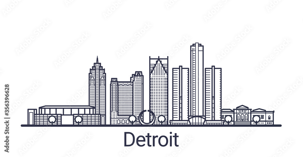 Linear banner of Detroit city. All buildings - customizable different objects with clipping mask, so you can change background and composition. Line art. Linear banner of Detroit city. All buildings - customizable different objects with clipping mask, so you can change background and composition. Line art.