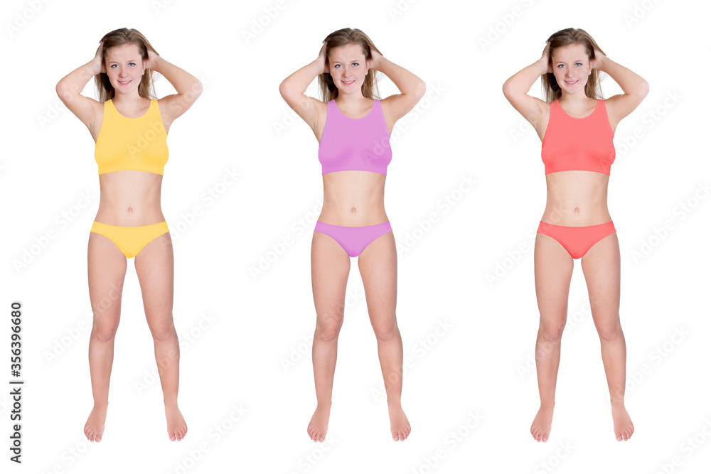 Beautiful young woman wearing different colorful bikinis Beautiful young woman wearing different colorful bikinis