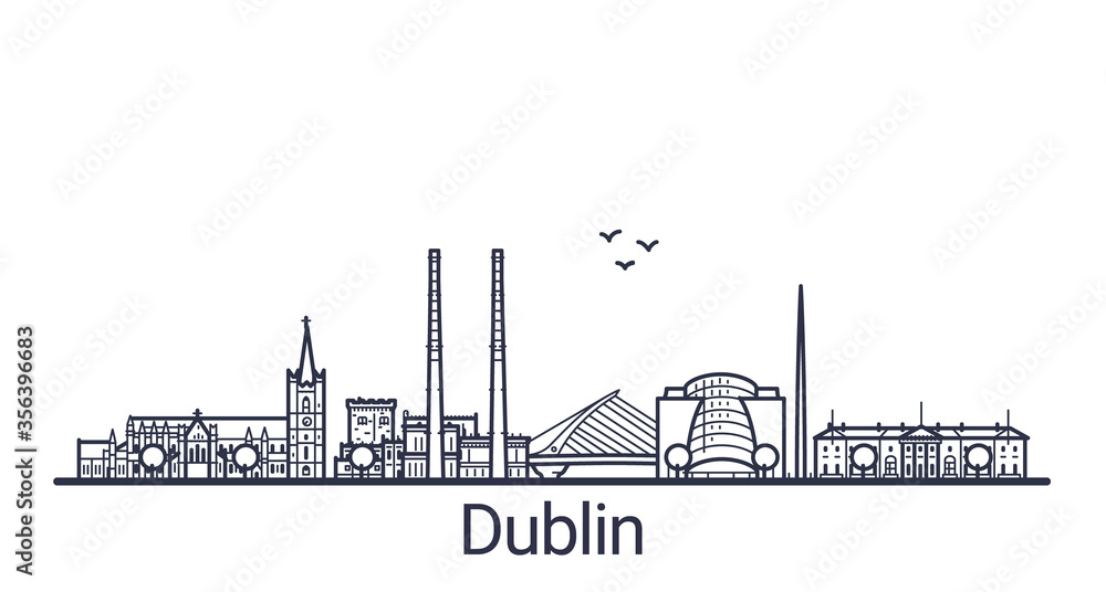 Fototapeta premium Linear banner of Dublin city. All buildings - customizable different objects with clipping mask, so you can change background and composition. Line art.