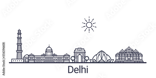 Linear banner of Delhi city. All Delhi buildings - customizable objects with opacity mask, so you can simple change composition and background fill. Line art.