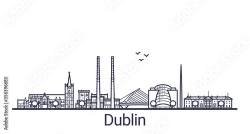 Linear banner of Dublin city. All buildings - customizable different objects with clipping mask, so you can change background and composition. Line art.