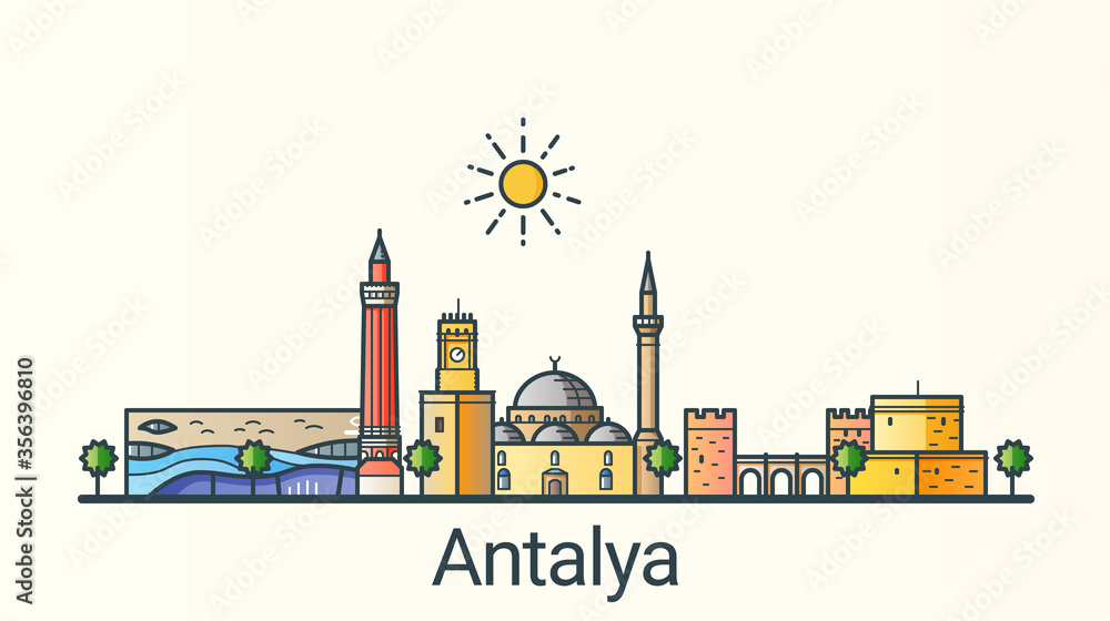 Obraz premium Banner of Antalya city in flat line trendy style. All buildings separated and customizable. Line art.