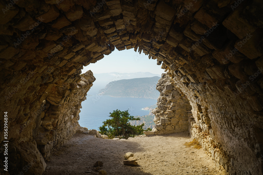 View from the ruin Monolithos Castle on Rhodes Island, Dodecanese, Mediterranean Sea, Greece