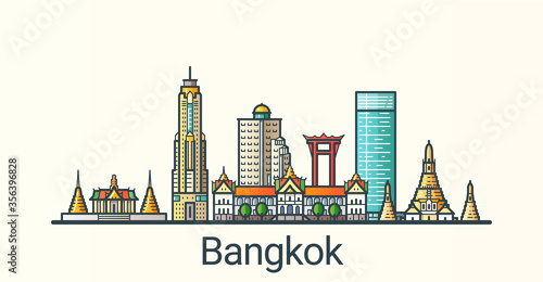 Banner of Bangkok city in flat line trendy style. All buildings separated and customizible. Line art.