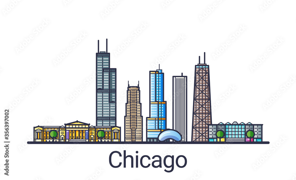 Banner Of Chicago City Skyline In Flat Line Trendy Style. Chicago City ...