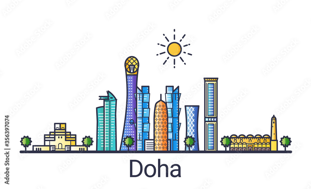 Banner of Doha city skyline in flat line trendy style. Doha city line art. All buildings separated and customizable.