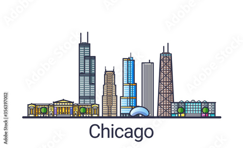 Banner of Chicago city skyline in flat line trendy style. Chicago city line art. All buildings separated and customizable.