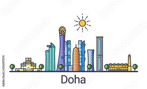 Banner of Doha city skyline in flat line trendy style. Doha city line art. All buildings separated and customizable.