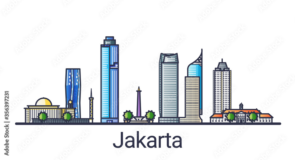 Banner of Jakarta city in flat line style. Jakarta city line art. All linear buildings separated and customizable.