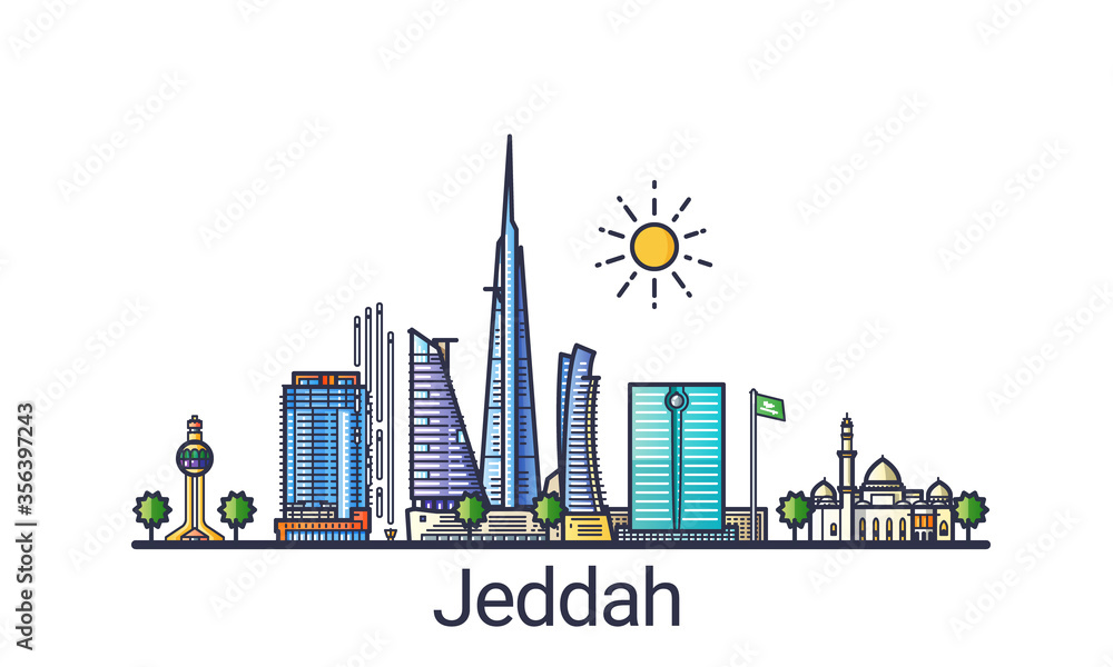 Banner of Jeddah city in flat line trendy style. Jeddah city line art. All buildings separated and customizable.