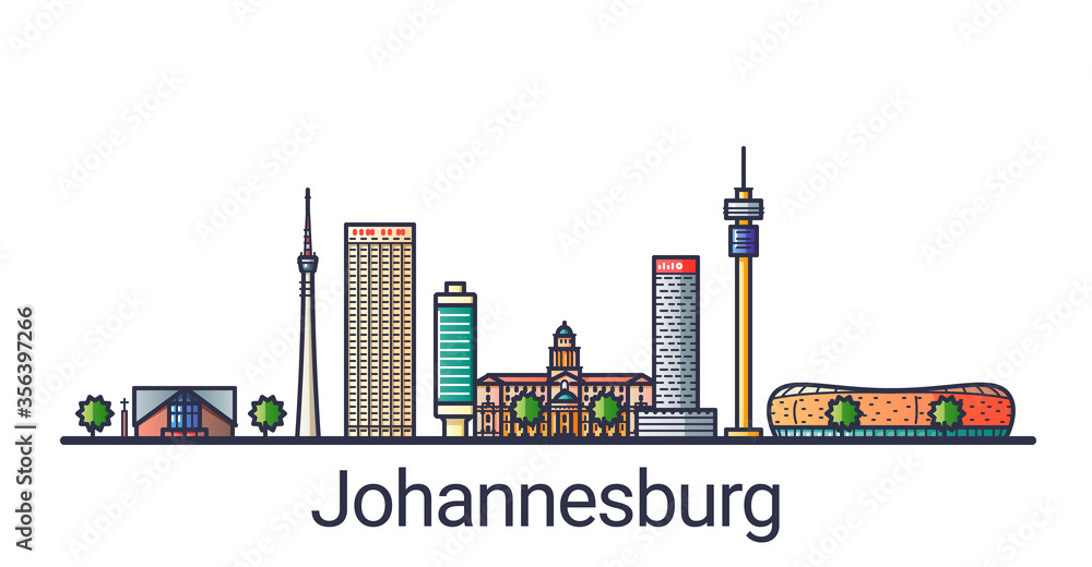 Banner of Johannesburg city in flat line style. Johannesburg city line art. All linear buildings separated and customizable.