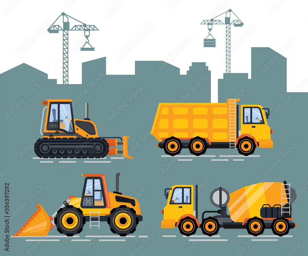 Cityscape with cranes and machinery vector. Machine for construction and fixing, lifter and bulldozer, excavator and cement mixer, van with container