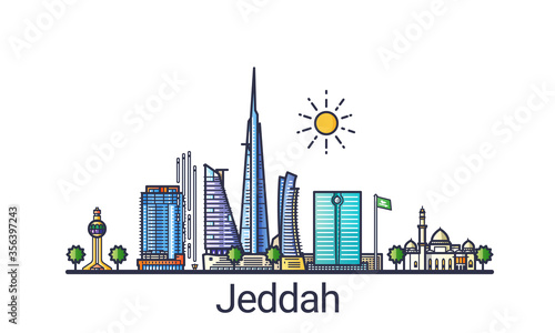 Banner of Jeddah city in flat line trendy style. Jeddah city line art. All buildings separated and customizable.