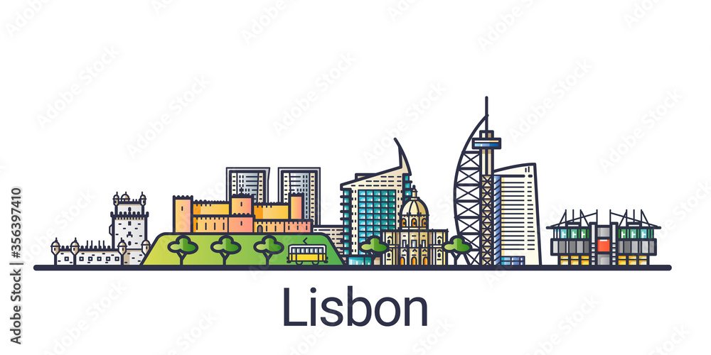 Banner of Lisbon city in flat line style. Lisbon city line art. All linear buildings separated and customizable.
