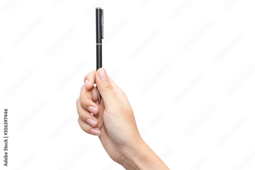 Close up women's hand holding pen and writing on virtual screen isolated on white background. Copy space for text Close up women's hand holding pen and writing on virtual screen isolated on white background. Copy space for text