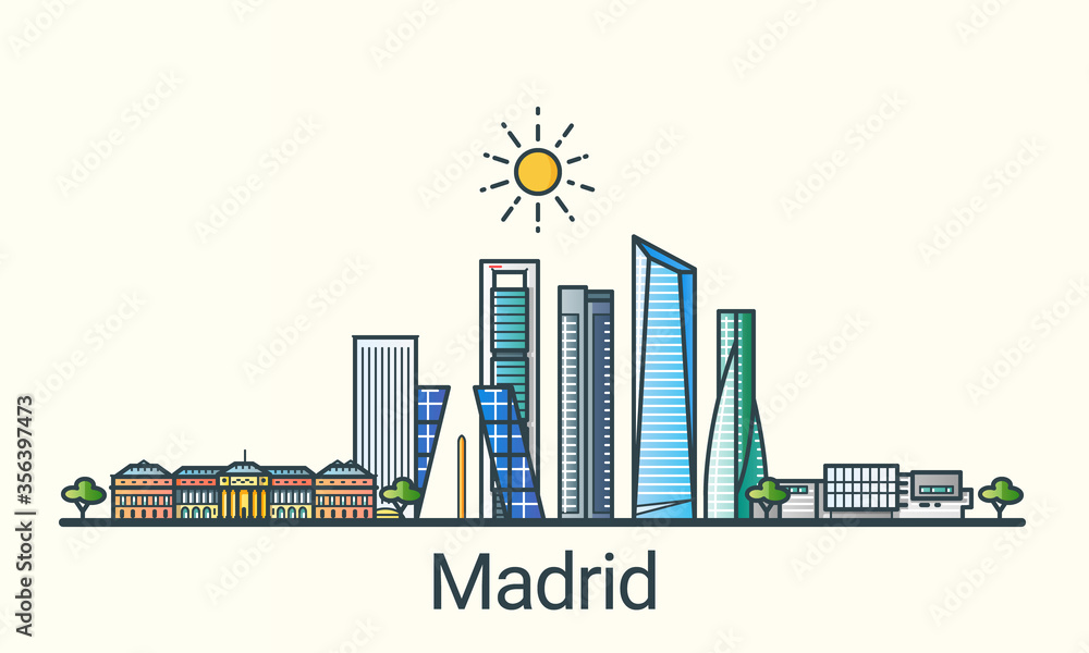 Obraz premium Banner of Madrid city in flat line trendy style. Madrid city line art. All buildings separated and customizable.