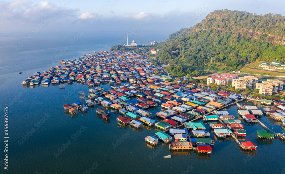 View of Sandakan City with Sandakan District Mosque and Kg. Sim Sim water village. Sandakan once known as Little Hong Kong of Borneo