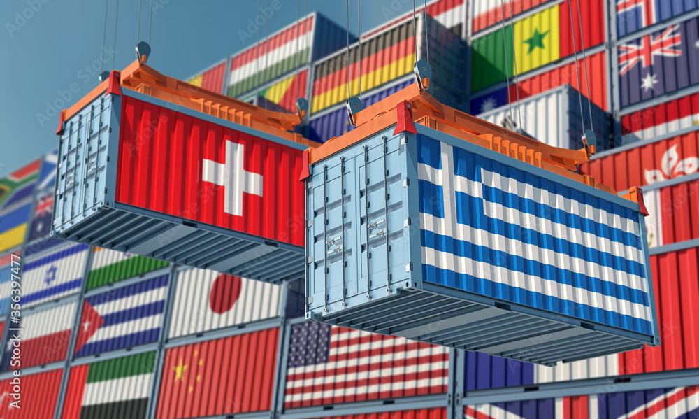 Freight containers on a Terminal with Switzerland and Greece flag. 3D Rendering 