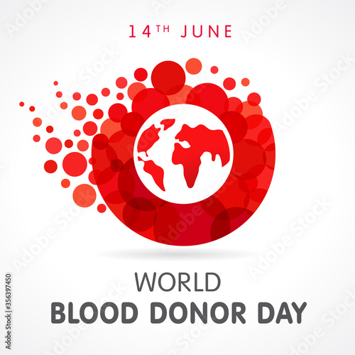 World blood donor day, map and lettering. Vector illustration of Donate blood concept with abstract shape red drop with form letter o for Donor day, June 14