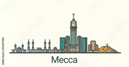 Banner of Mecca in flat line trendy style. All buildings separated and customizable. Line art.