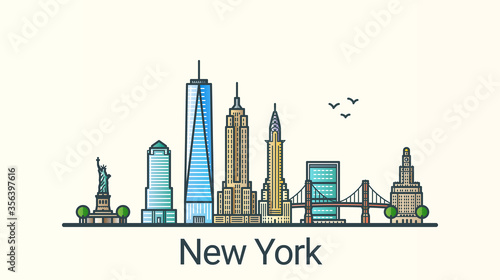 Banner of New York city in flat line trendy style. All buildings separated and customizable. Line art.