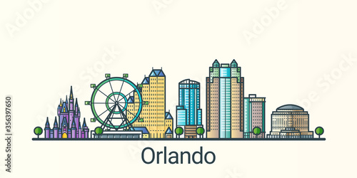 Banner of Orlando city in flat line trendy style. Orlando city line art. All buildings separated and customizable.