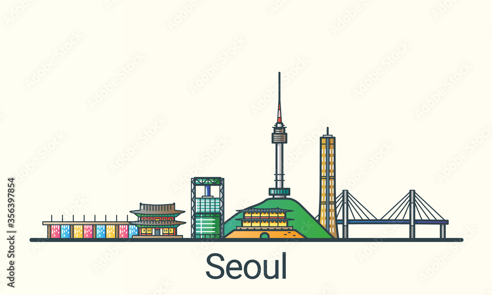 Banner of Seoul in flat line trendy style. All buildings separated and customizable. Line art.