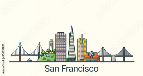 Banner of San Francisco city in flat line trendy style. San Francisco city line art. All buildings separated and customizable.