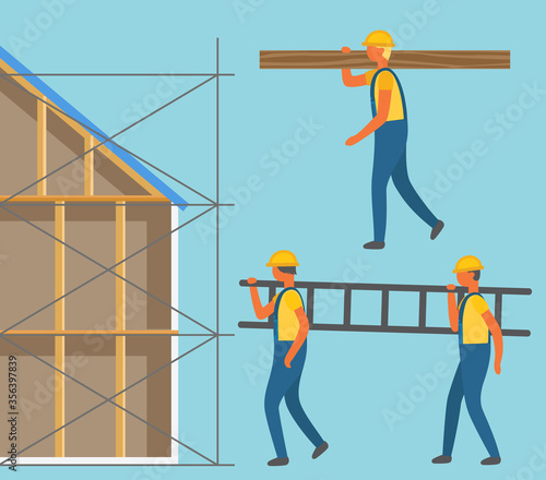Side view of man builders carrying stairs and wood block. Repairs wearing helmet and work clothes holding log, house construction zone, building vector