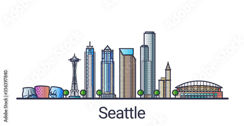 Banner of Seattle city in flat line trendy style. Seattle city line art. All buildings separated and customizable.