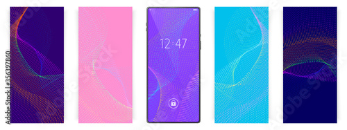 Smartphone wallpapers set. Waves motion futurictic backgrounds. Abstract dots. Smartphone vector mockup.