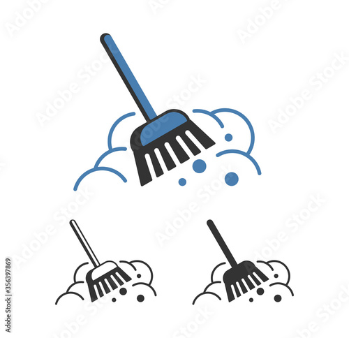 Cleaning icon - floor sweeping or garden territory cleaning - broom with clouds of dust - isolated vector element