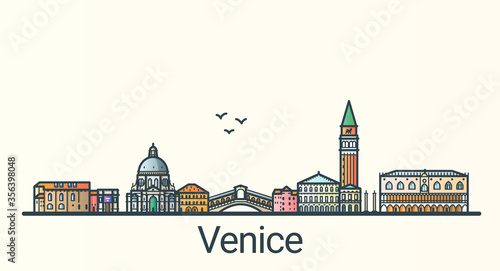 Banner of Venice city in flat line trendy style. Venice city line art. All buildings separated and customizable.