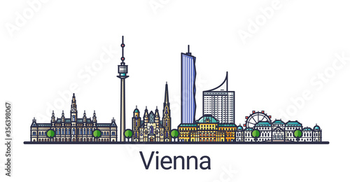 Banner of Vienna city in flat line style. Vienna city line art. All linear buildings separated and customizable.