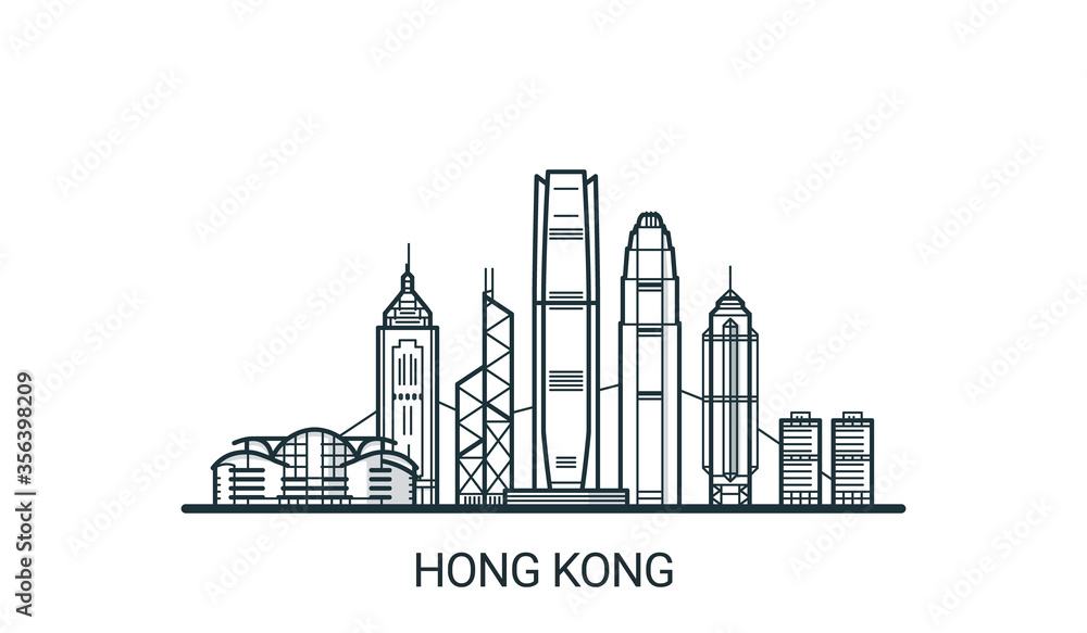 Linear banner of Hong Kong city. All buildings - customizable different objects with background fill, so you can change composition for your project. Line art.