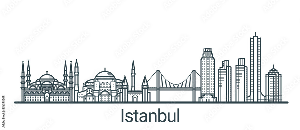 Linear banner of Istanbul city. All buildings - customizable different objects with background fill, so you can change composition for your project. Line art.