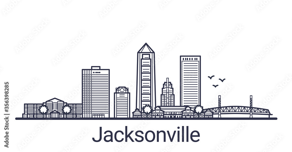 Linear banner of Jacksonville city. All buildings - customizable different objects with clipping mask, so you can change background and composition. Line art.