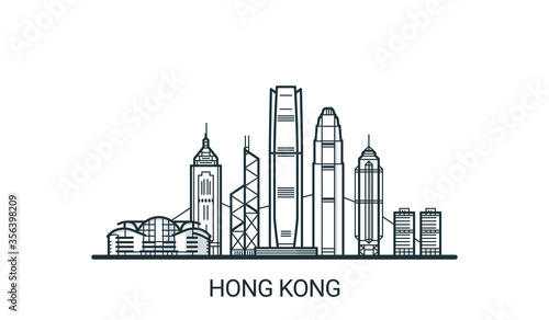 Linear banner of Hong Kong city. All buildings - customizable different objects with background fill, so you can change composition for your project. Line art.