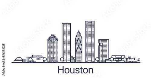 Linear banner of Houston city. All buildings - customizable different objects with clipping mask, so you can change background and composition. Line art.