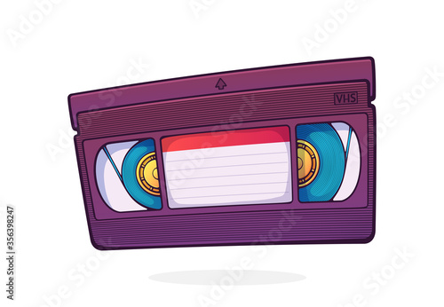 VHS cassette. Video tape record system. Retro storage of analog information. Movie industry. Cartoon vector illustration with outline. Clip art Isolated on white background