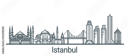 Linear banner of Istanbul city. All buildings - customizable different objects with background fill, so you can change composition for your project. Line art.