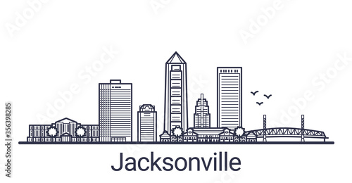 Linear banner of Jacksonville city. All buildings - customizable different objects with clipping mask, so you can change background and composition. Line art.