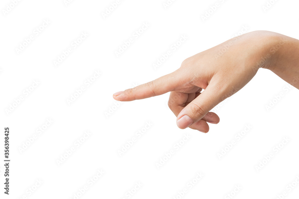 Close up women's hand gesture with pointing sign isolated on white background Close up women's hand gesture with pointing sign isolated on white background