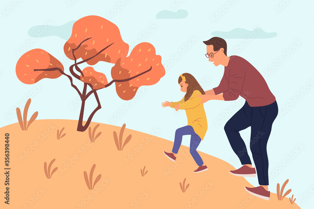 Dad hugging his daughter back from behind to climb over the hill flat vector illustration. Happy father's day concept
