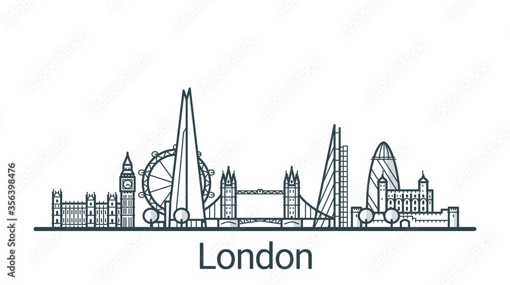 Linear banner of London city. All buildings - customizable different objects with background fill, so you can change composition for your project. Line art.