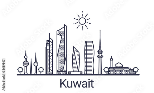 Linear banner of Kuwait city. All Kuwait buildings - customizable objects with opacity mask  so you can simple change composition and background fill. Line art.