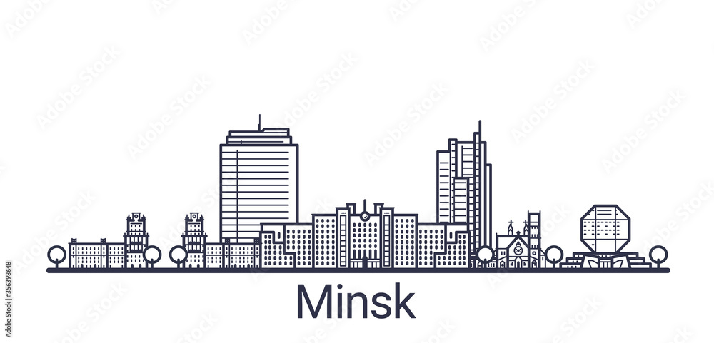Linear banner of Minsk city. All Minsk buildings - customizable objects with opacity mask, so you can simple change composition and background fill. Line art.