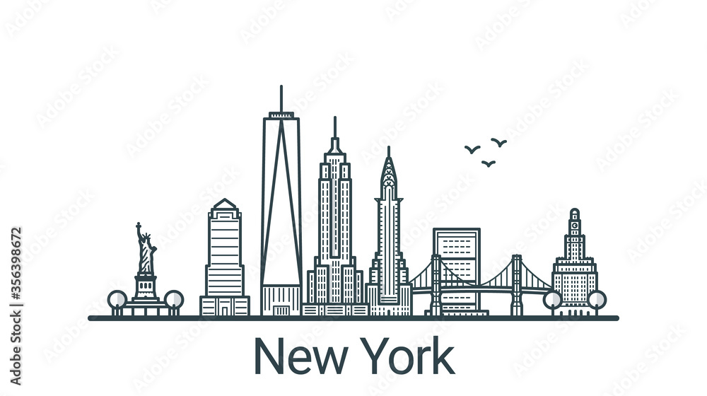 Linear banner of New York city. All buildings - customizable different objects with background fill, so you can change composition for your project. Line art.