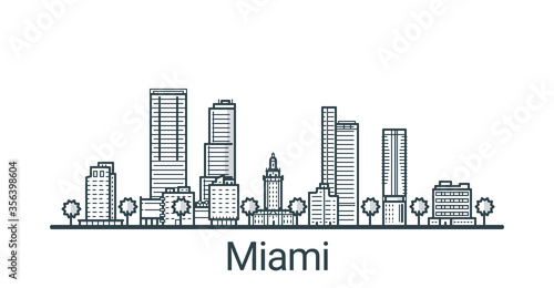 Linear banner of Miami city. All buildings - customizable different objects with background fill  so you can change composition for your project. Line art.